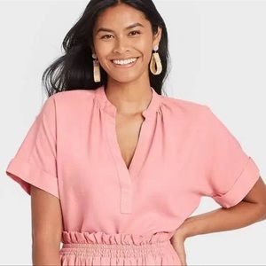 A New Day Pink Split Neck Short Cuffed Sleeve Linen  Blouse Lightweight - XXL
